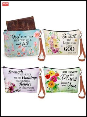 4 Christian Wristlet Bags Bible Verse Canvas Cosmetic Pouch Gift